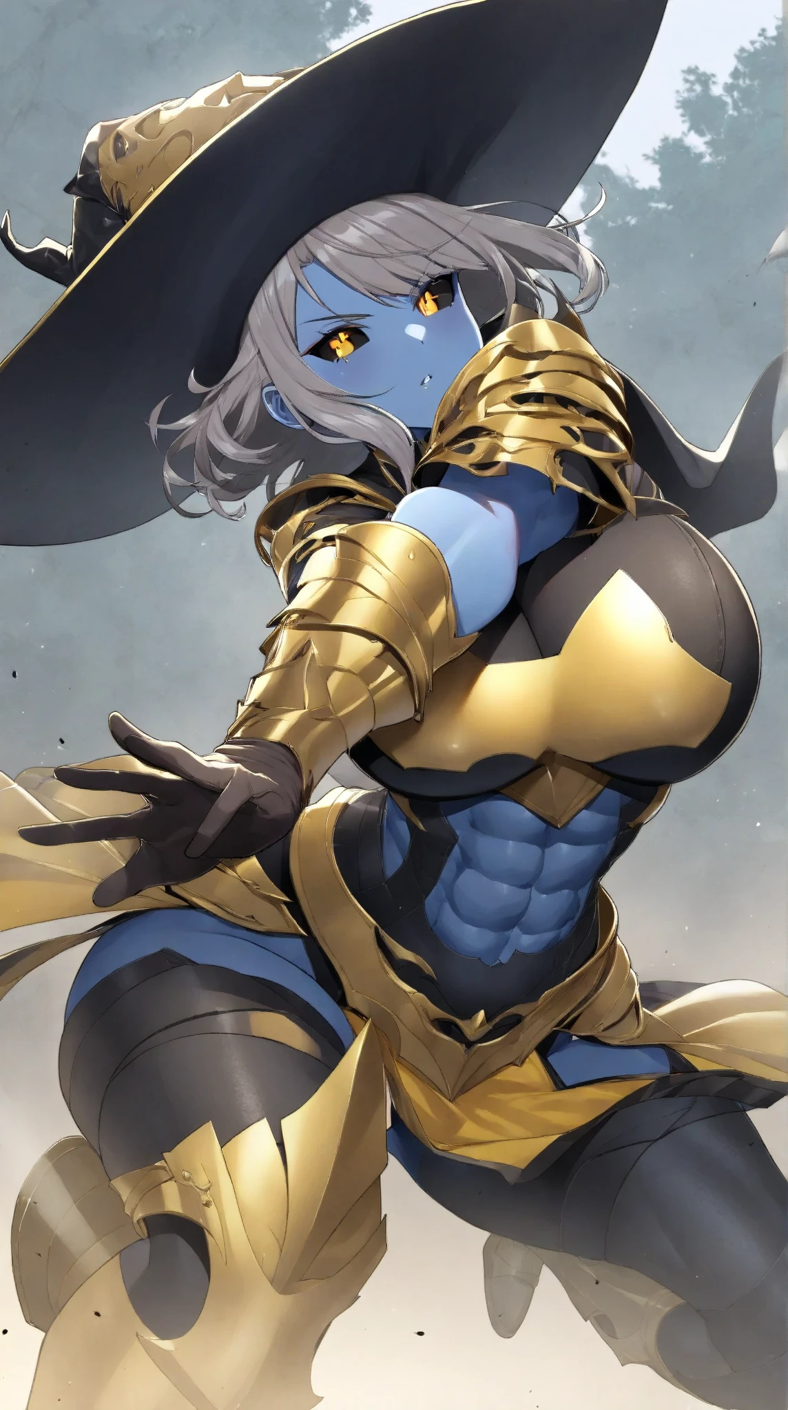 Silent magician, ropa apretada, poca piel visible, (( ruborizada, sonrisa, oiled skin)), pelo largo, cabello blanco, (( white hair)), sombrero blanco, skinny body, abs, muscle, muscle girl, big sagging breast , monstruo de duelo, Iparuputsua, de pie en la entrada de un castillo, magic world background, mundo medieval .