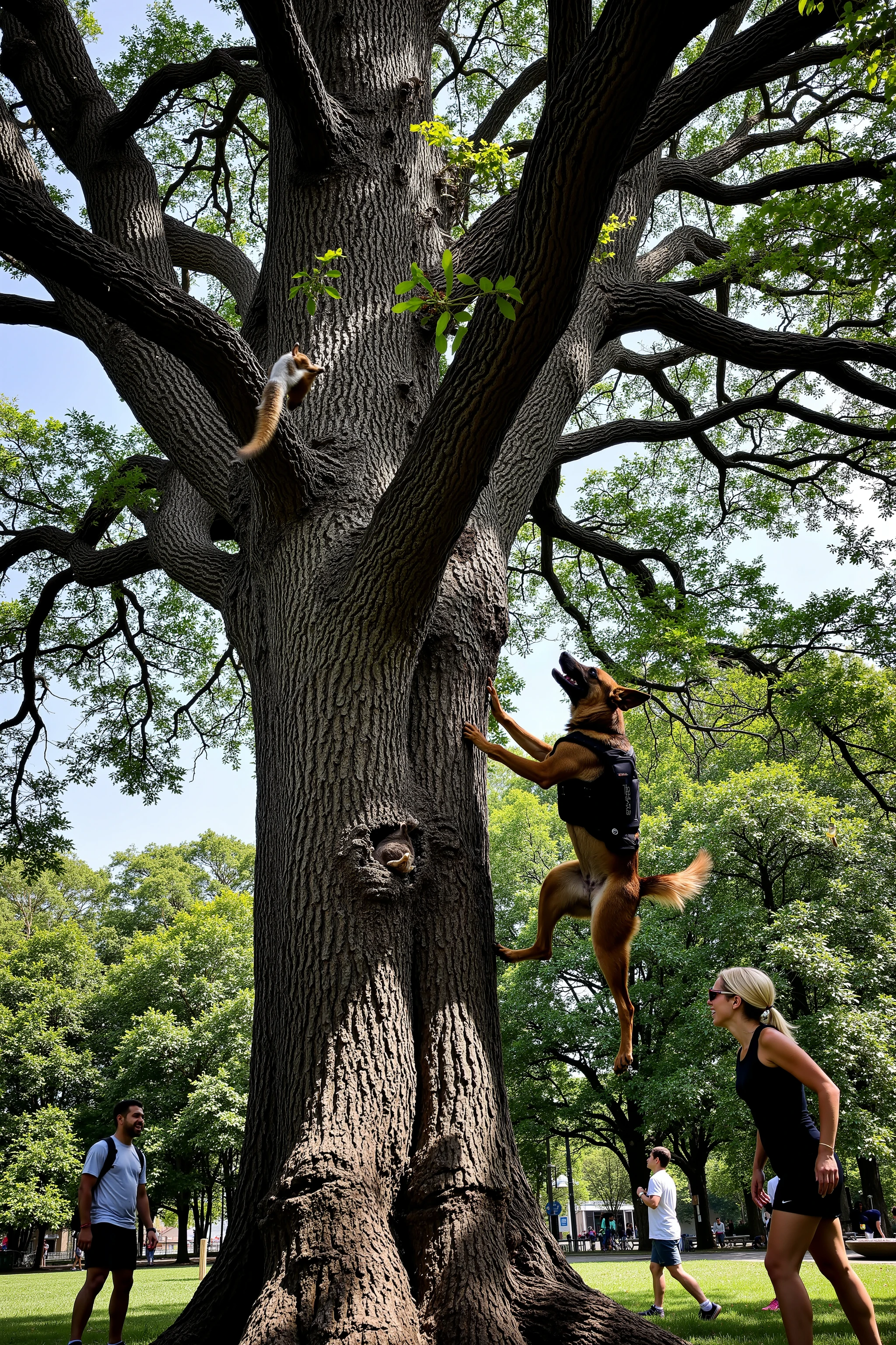 A sharply timed iPhone photo captures a Belgian Malinois in a black police K9 vest as it appears to sprint vertically up the thick trunk of a towering oak tree in a city park. The oak is massive—its bark deeply textured, trunk wide enough to dwarf the dog—and its sprawling branches stretch out far above, with a squirrel mid-scramble just out of reach. The dog’s body is fully extended, hind legs pushing off the ground, front paws already halfway up the bark. Leaves scatter in the air from the force of its leap. In the background, bystanders and joggers look on in disbelief, slightly blurred. The lighting is crisp and natural, capturing the action with spontaneous iPhone clarity.