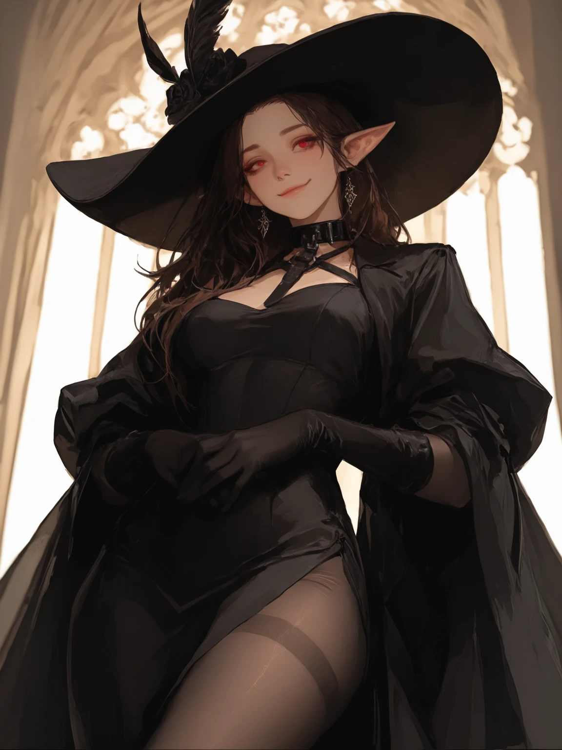 {{masterpiece}},{{Excellent detailing,}} 1 girl. Brunette. 32 years old. Aristocrat. Black as night loose hair, forehead free. Red eyes. Elven ears. Dressed in a fitted, tight black dress, black tights on her legs, black silk gloves on her hands, a wide hat with a feather on her head. On her neck is a black leather slave collar with a signet. Excellent detailing, beautiful face, elegant face, detailed face, detailed eyes, mouth closed in a submissive smile. Stands at full height in a noble mansion. Looks at you