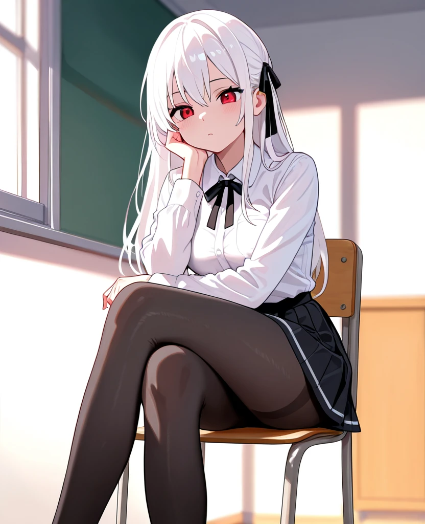 a girl, she has white hair, she has bright dark pink eyes, she wears a white flowered shirt, she wears a white and black vest, she wears a black and red plaid skirt, she wears dark tights, she wears red sneakers, her expression is calmer, very beautiful quality, best quality, 8K quality, face in the best quality