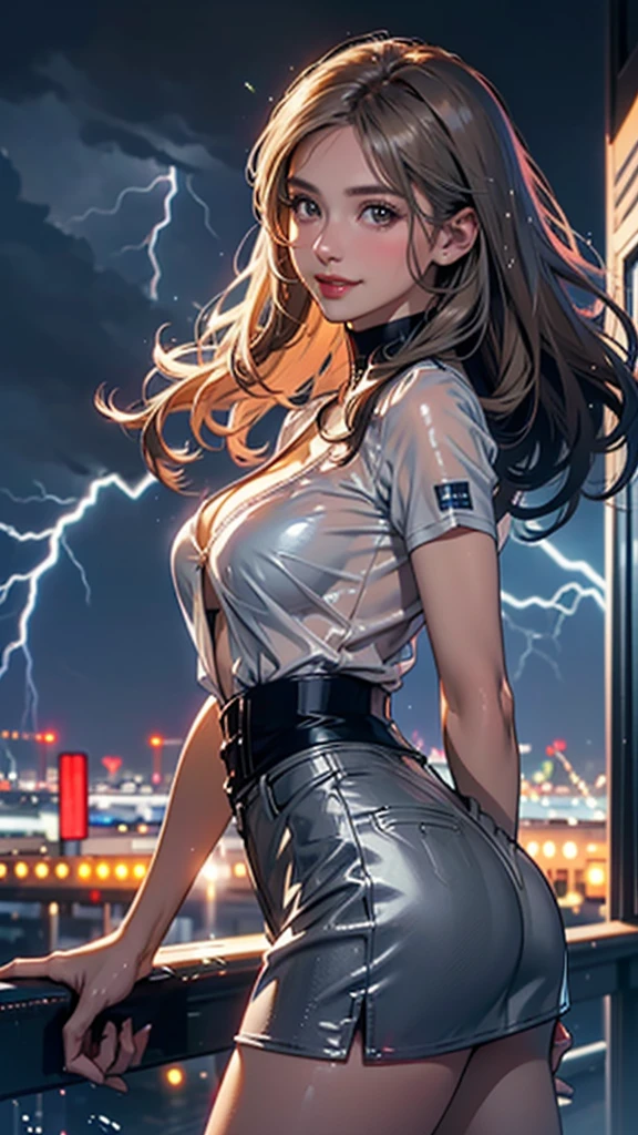 ((nsfw)),1girl, intricate detail, masterpiece, best quality, extremly detailed,cinematic lighting, beautiful detailed glow, finely detailed beautiful face and eyes, 8k, dark intense shadows, yellow eyes, medium hair, black hair, bangs, floating hair, black jacket, open jacket, white shirt, expressionless, yellow necktie, black skirt, spotlight, sunshine, sunrise, gradient sky, city, lens flare, cowboy shot, [[curvy]], [mature female]