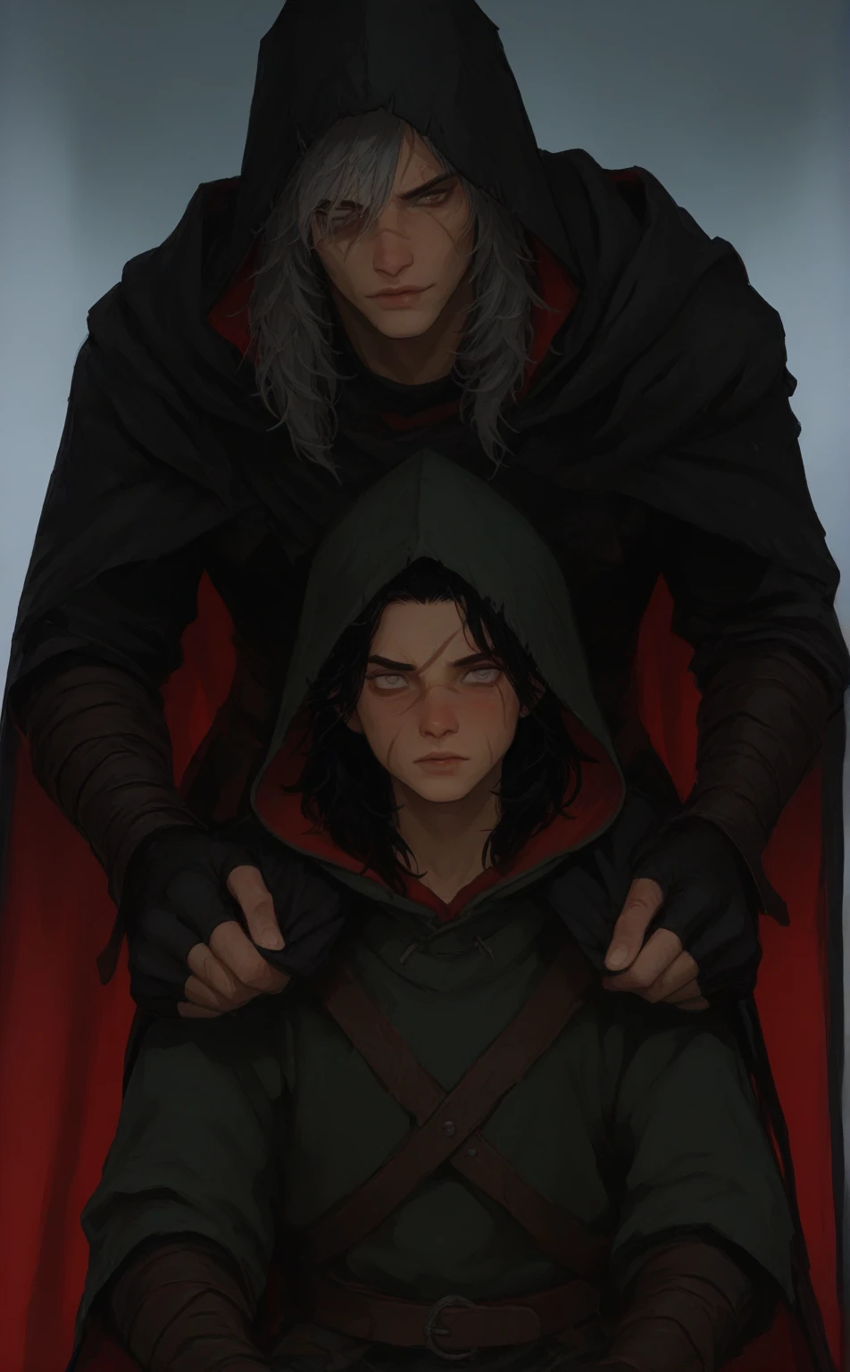 A red-haired necromancer man wearing a black cape and no shirt carrying a small green-haired boy on his lap