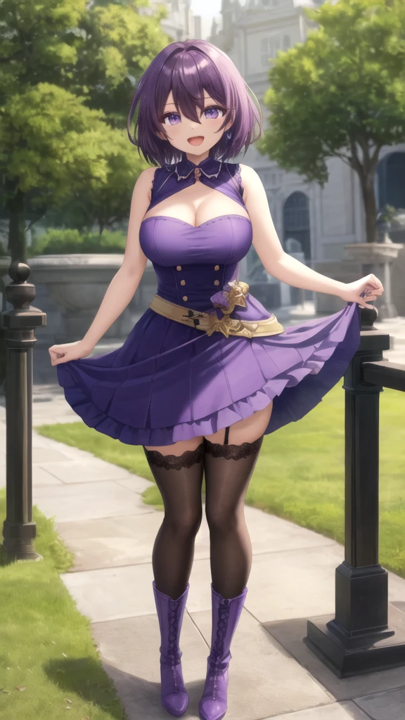  a girl huge big breast sexy beautiful crazy tenderness laugh Smiling short light purple hair her sky blue eye she wears short black button blouse shows navel chest and her skirt black purple transparent net purple put on boot Black steel carries hand arm one big razors cut grass edge done crystal stone wearing a witch hat 