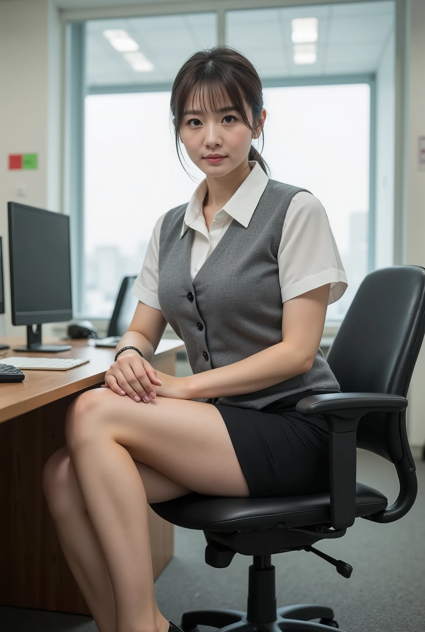 （8k， ， super realistic ：1.2）， （  Highest Quality  ： 1.2），Office Lady, （  Highest Quality：1.3）， （  Rystic  ：1.2）， her whole body is reflected from her feet ,  （（sitting at a desk in an office））  、female，The hair is longer than the shoulders and tied at the back，（ Low angle shot from the front:1.2），white short sleeve blouse and gray buttoned vest、 Black Pencil Miniskirt 、((SKIN COLORのパンストを履いている））,black high heels and ankle straps、( looks like panties are visible :1.5) 、