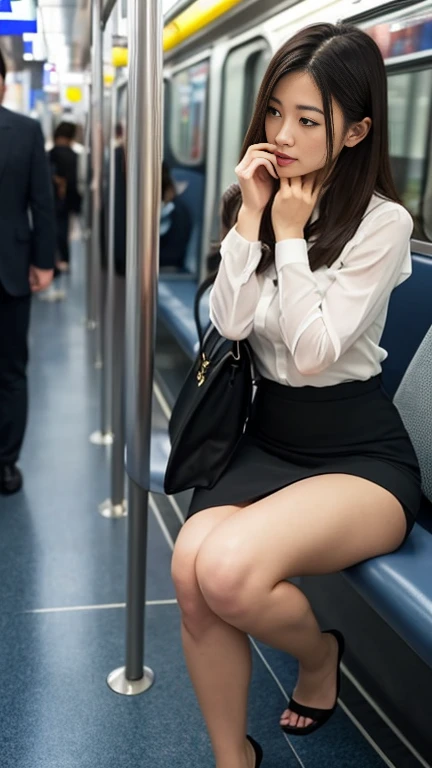 "(masterpiece, High resolution, Ultra High resolution, 4k) brown hair, sae skirt, emphasize the thighs, white thighs, soft thighs, shiny thighs, Sitting on the train, facing angle, (bottom corner), Sitting on the train seat, sitting in front, camera zooms in between crotches, My feet are on the floor of the train, whole body, Looking down and sleepy, Watch only the viewer," highest quality, 超High resolution, (realistic: 1.4),, High resolution, detailed, RAW photo, Shapuri, Nikon D850 Film Stock Photo by Lee Jefferies 4 Kodak Portra 400 Camera F1.6 Lenses Rich Colors Hyperrealistic Animation Textures Dramatic Lighting Unreal Engine Art Station cinestir 800 Trends,