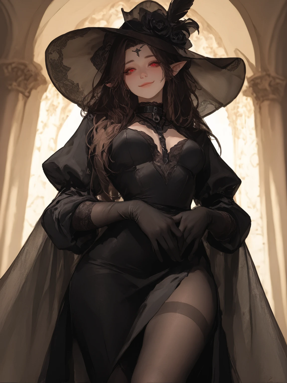 {{masterpiece}},{{Excellent detailing,}} 1 girl. Brunette. 32 years old. Aristocrat. Black as night loose hair, forehead free. Red eyes. Elven ears. Dressed in a fitted, tight black dress, black tights on her legs, black silk gloves on her hands, a wide hat with a feather on her head, a small dark transparent veil on her face. A black leather slave collar on her neck. Excellent detailing, beautiful face, elegant face, detailed face, detailed eyes, mouth closed in a submissive smile, obedient expression. Stands at full height in a noble mansion. Looks at you