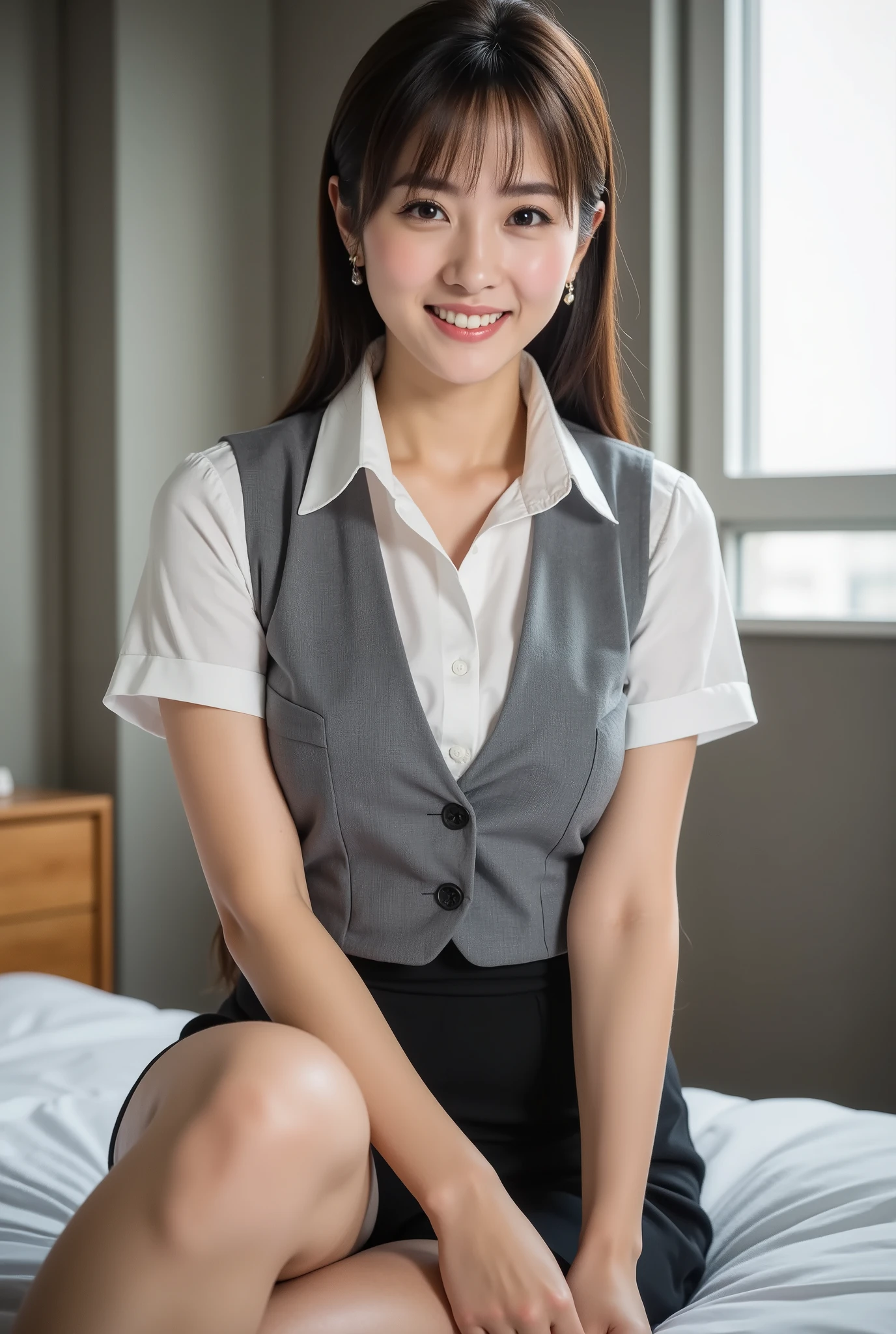 （8k， ， super realistic ：1.2）， （  Highest Quality  ： 1.2），Office Lady, （  Highest Quality：1.3），bright lighting on stage side （  Rystic  ：1.2）， her whole body is reflected from her feet ,  （（Sitting right on the bed in the bedroom））  、female，The hair is longer than the shoulders and tied at the back，（ Low angle shot from the front:1.2），white short sleeve blouse and gray buttoned vest、 Black Pencil Miniskirt 、((SKIN COLORのパンストを履いている））,( looks like panties are visible :1.5) 、