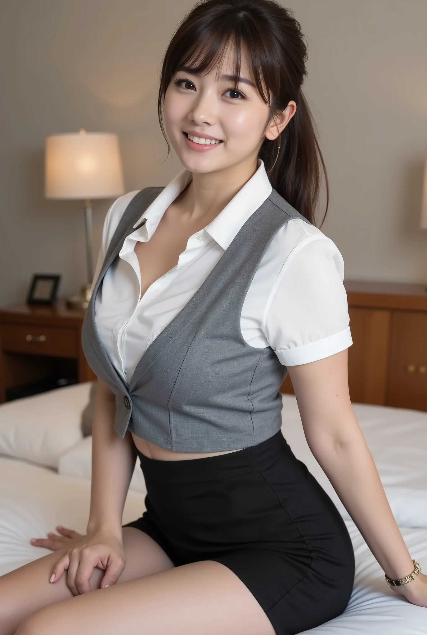 (8k, , super realistic :1.2), ( Highest Quality : 1.2),Office Lady, ( Highest Quality:1.3),bright lighting on stage side ( Rystic :1.2), her whole body is reflected from her feet , ((Sitting right on the bed in the bedroom)) 、female,The hair is longer than the shoulders and tied at the back,( Low angle shot from the front:1.2),white short sleeve blouse and gray buttoned vest、 Black Pencil Miniskirt 、((SKIN COLORのパンストを履いている)),( looks like panties are visible :1.5) 、