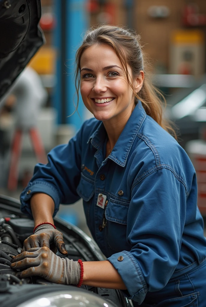 candid photograph of KimmyGibblerTI a petite attractive woman welding the leg of a giant mecha,blue collar worker,smiling at camera,((mechanic)),(3/4 shot),(low-rise),daytime,sunny,((skinny))<lora:ADB:1>