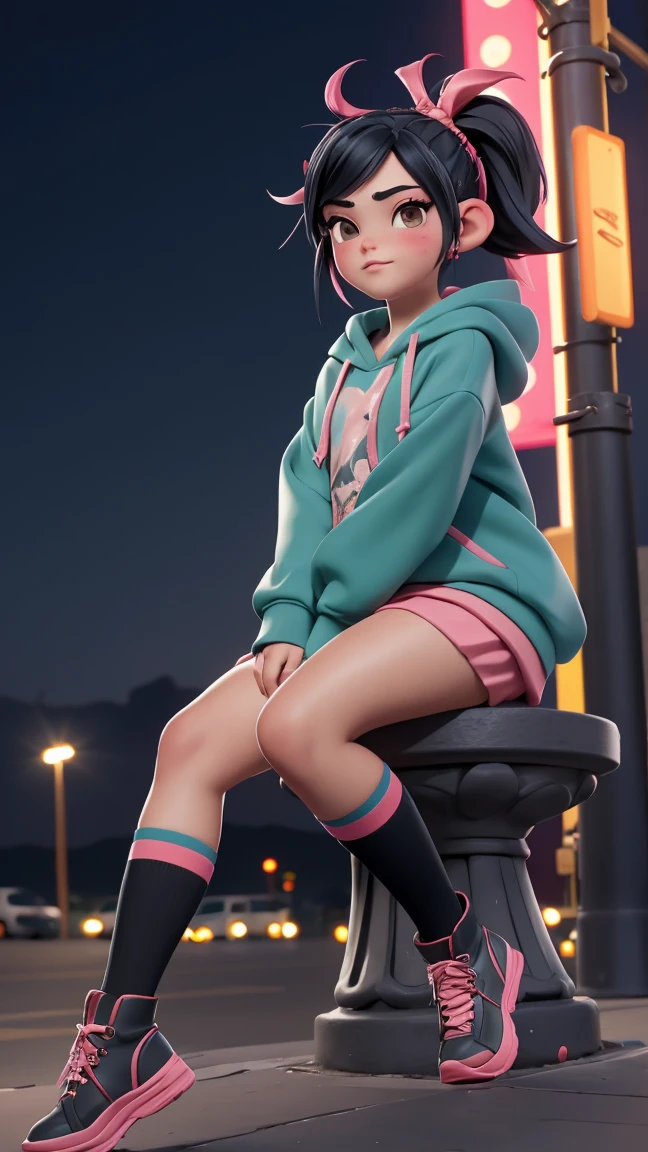 masterpiece, highest quality,Shiny,Abuse of chromatic aberration,pastel colour,whole body,Wide Shot,Perfect Eyes、 One girl,alone, ,Bob cut braids,Red eyes,Brown Hair,smile, View your viewers,Immature girl, architecture,wood,alley,Cobblestones,Sitting, with own hands, Pink hoodie, Black pantyhose,Denim shorts
