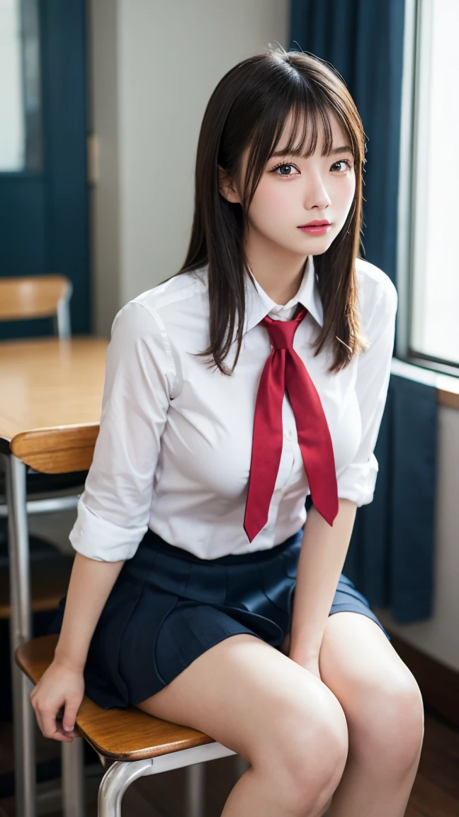 There is a woman sitting on the floor in a skirt and tie, a hyperrealistic schoolgirl, Cute Schoolgirl, a hyperrealistic schoolgirl, Realistic Schoolgirl, Realistic Young Gravure Idol, of a schoolgirl posing, Young Sensual Gravure Idol, School Girl, Young Pretty Gravure Idol, Japan school uniform, thighhighs and skirt