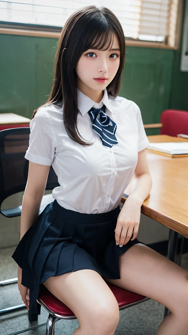 (masterpiece、highest quality、Ultra - High resolution、8K）、Colorful、flat color、Depth of bounds written、Lens flare One very beautiful girl、bewitching look、sitting cross-legged、big breasts,black haired、looking at the viewer、School、classroom、pleated mini skirt、Please take off your uniform、serafuku、black pantyhose、Detailed texture、fine cloth texture、beautiful and detailed face、30 year old beauty、adult atmosphere、shirt lift,