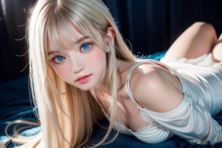O cup 、show your chest、silky shiny skin、Sexy and very beautiful lovely cute gorgeous face、super long gorgeous blonde silky hair、big fancy pale blue eyes、Bangs swaying in front of the face、beautiful and cute old girl、、sailor suit、big and full breasts、skin as white as snow,