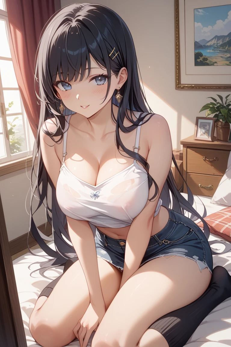 ((best quality)), ((masterpiece)), (detailed), perfect face, 19 years old, large breasts, triple D cup breasts, sexy, horny, round buttocks, bubbly buttocks, fit and strong, slender body, plump lips
anime girl in a white tank top and blue shorts posing on a bed, seductive anime girl, smooth anime cg art, anime moe artstyle, 4 k manga wallpaper, cute anime girl, attractive anime girl, 4k anime wallpaper, , anime best girl, anime style 4 k, beautiful anime girl squatting, beautiful anime girl, ecchi anime style