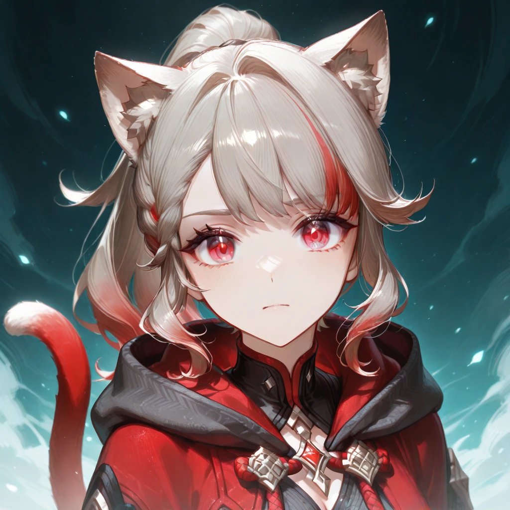 4k, anime style, medium_close_shot, 1catgirl, cat ears, (white long hair)) , eyes focus. oversaturated green eyes gojo style, he is moving the hair that are hiding one eye. super detailed special power eyes. extremely special eyes overpowered, one eye is uncovered, the other is still covered. wear a green hood, hood on head. Bare shoulders, crop top. Medium breast. Super detailed. Perfect anime red eyes, sharingan. Natural pose. She has a devil smile, she's OP overpowered . red fox tail. she's in new york, skyscrapers, blue sky, glass reflexes, background is partially blurred, accent colors. finger frame