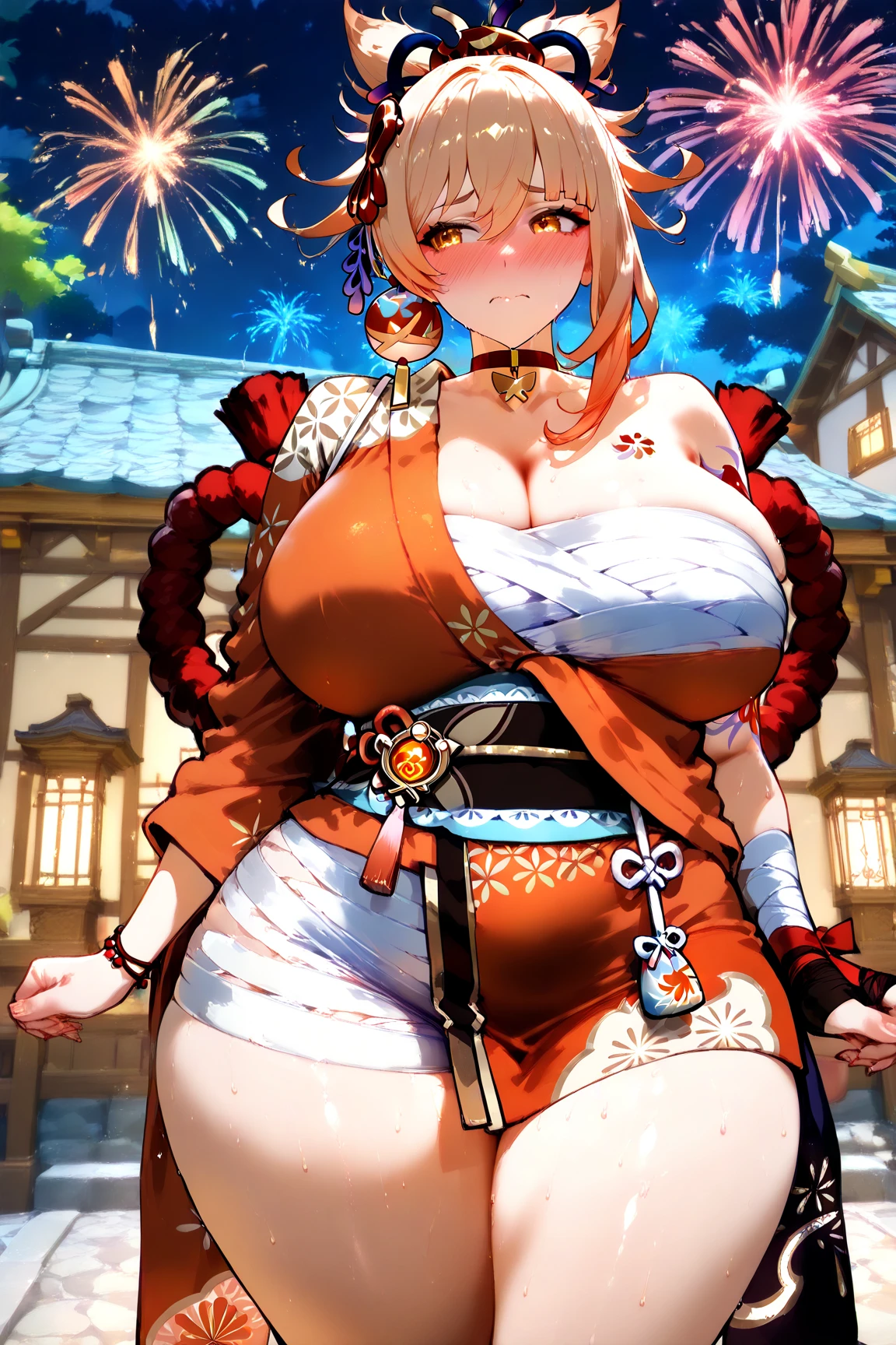 1girl,cowboy shot ,fireworks,evening,origen,tmasterpiece,The kinky exposed ,(Surreal breasttremely full breasts)),((Super large)),Big breasts Thin waist,(((Extremely large breasts))),worried expression,seductiv,High detail,hyper qualit,high resolution,8K,8k smooth,(reality: 1.2),(Highly realistic, Ultra-realistic, photograph realistic),(Realism: 1.2),Mature woman,Solo,(Perfect feminine curveig breasts:2),(Huge breasts:2),(gigantic cleavage breasts:2),(Large breasts:2),(Bare tits:1.4),(chiseled abs : 1.1),Nice strong legs,(Curvy:1.1),Narrow waist,(gigantic hip:1),(Thick thighs:1),(Thick legs:1)