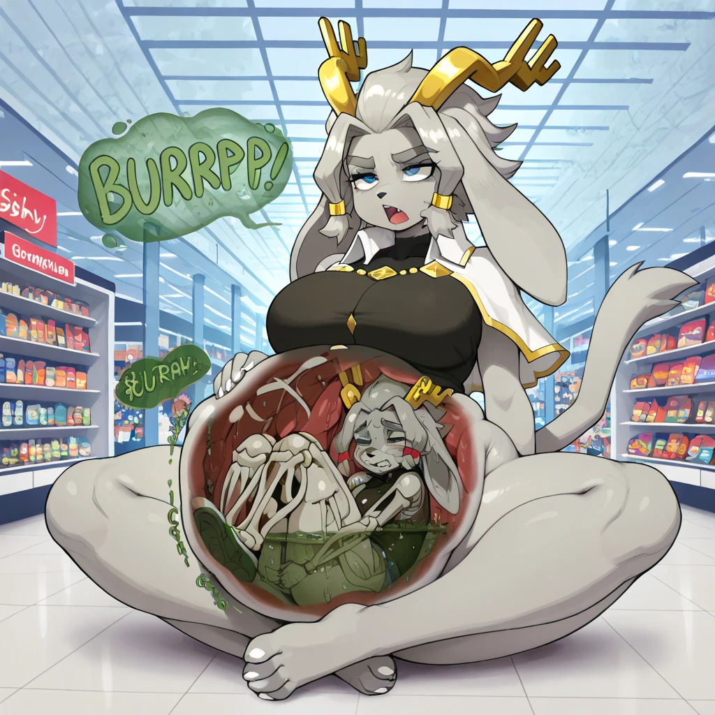 a maid shark furry with a giant vore belly while the prey is struggling very hard and panicking, as he burps in pleasure and rubs his very noisy belly and burps loudly as she looks extremely pleased