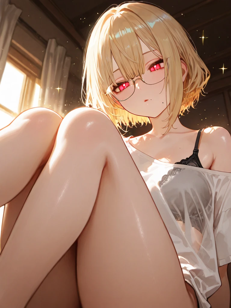 1girl,medium breasts,hotel room,(8k),scratches,detailed face,grey-blond hair,yellow eyes,medium hair,embarassed,shy,serious face, high_res, high_definition,sexy pose,black sexy lingerie,full body,No panties,nude vagina,