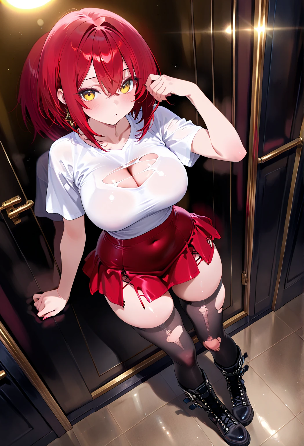((Highest quality)), ((masterpiece)), (Familiar), Hazy, Female,Mature Woman,Purple Hair, short hair, Low Ponytail, eye shadow, lipstick, Red eyes,Red Shirt,Red and black jacket,Large Breasts,{Erect nipples},Cleavage, White tight skirt,Red Heels