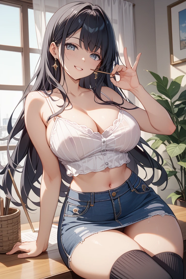 masterpiece, best quality, ultra detailed, Sparkling eyes with prominent highlights, large breasts, 1girl, long black hair, black eyes, unkind face, very detail face, Wearing a black plaid shirt inside a white tank top, blue short jeans shredded, white shoes, left ear earring, full body, sitting on the sofa,