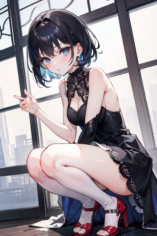 Takada Rokka, rich back lane, Black Hair, blue eyes, Long Hair, List scrunchie,smile,blush,Sleeveless purple white Chinese dress,Long slit,Black pantyhose,Stiletto heels,Walking,
break looking at viewer, whole body, break outdoors, Chinese style street, break (masterpiece:1.2), Highest quality, High resolution, unity 8k wallpaper, (shape:0.8), (Beautiful and beautiful eyes:1.6), Highly detailed face, Perfect lighting, Highly detailed CG, (Perfect hands, Perfect Anatomy),