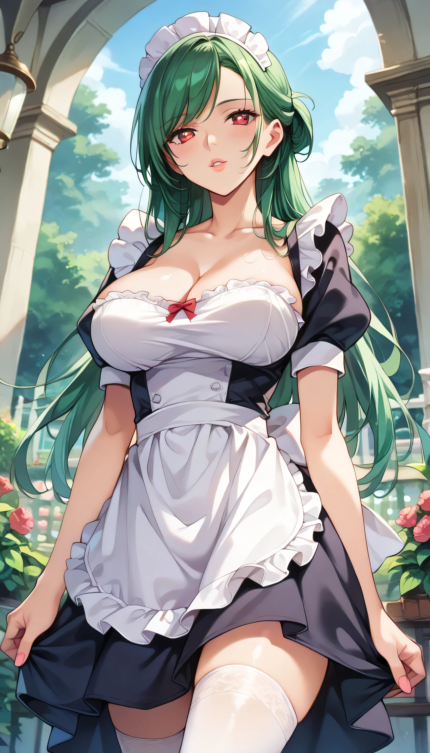 /(Girl),(anime),(long green hair and green eyes),(18 years old),(full body with GL size breasts),(and big ass),(white),(wearing),+,(A maid outfit in black and white colors with a tight, sensual and short pencil skirt and a strapless dress showing off her shoulders in a very sensual way)