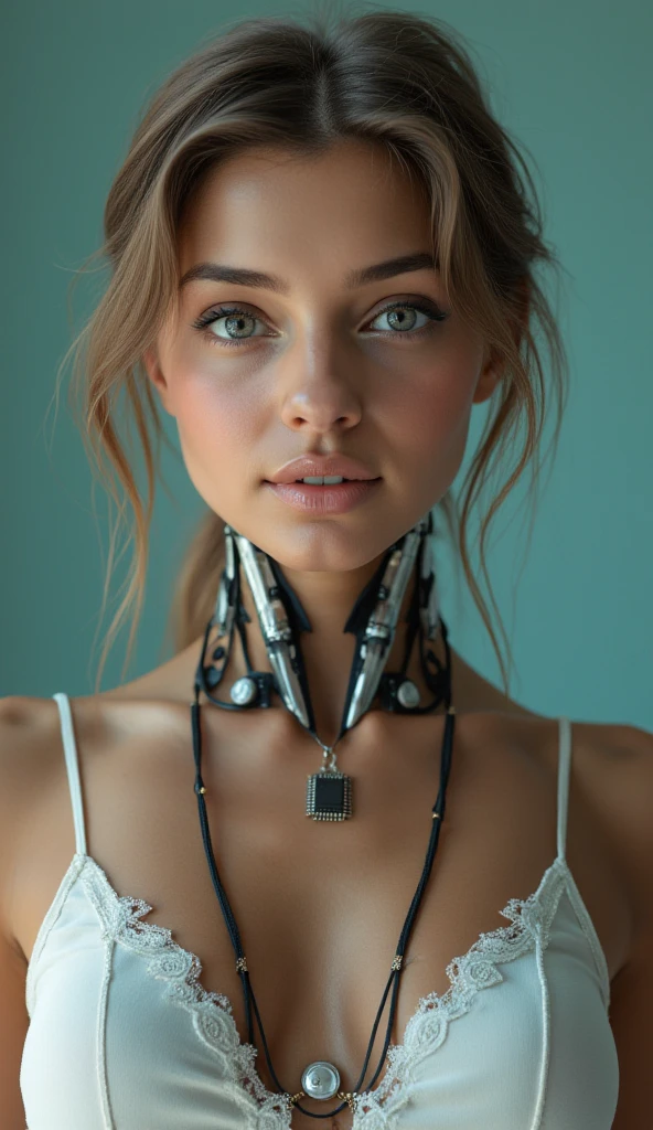 A cyborg girl stands in the center of a large bright studio and is engaged in creating her self-portrait on canvas. She is depicted in all her majestic beauty and elegance. Her metallic skin reflects the light, creating a play of hues and highlights like an expensive piece of jewelry.
Her long metal hair frames her face, giving her a mysterious and alluring look. Her bright eyes, in which light shimmers, stare straight ahead with confidence and the strain of creative inspiration.
The cyborg girl is depicted in a graceful pose, showing off her grace and strength as well as the fine workings of her mechanical limbs. Her hands hold brushes and are immersed in the creative process of creating a stunning work of art.
The outline of the self-portrait she is creating with oil paints is already outlined on the canvas. The drawing begins to come to life under her dexterous fingers, gaining depth and volume, and the coating of color fills the canvas with bright hues and rich colors.
This entire moment is captured in a gorgeous and amazing scenario that combines the beauty of art, power and technological advancement to make the cyborg girl a unique and inspiring image. beautiful shiny smooth, high quality, best quality, absurdres, masterpiece, beautiful, intricate details, 1/2 body crop, slim body, beautiful figure, magnificent anatomy, (intricate details:1.12), HDR, (intricate details, hyper-detailing:1.15), (natural skin textures, hyper realisitc, soft light, Sharp:1.2)