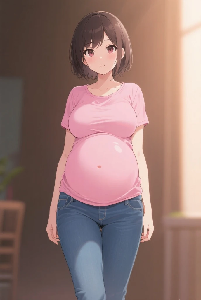 Masterpiece, best quality, pregnant, solo, t-shirt, jeans