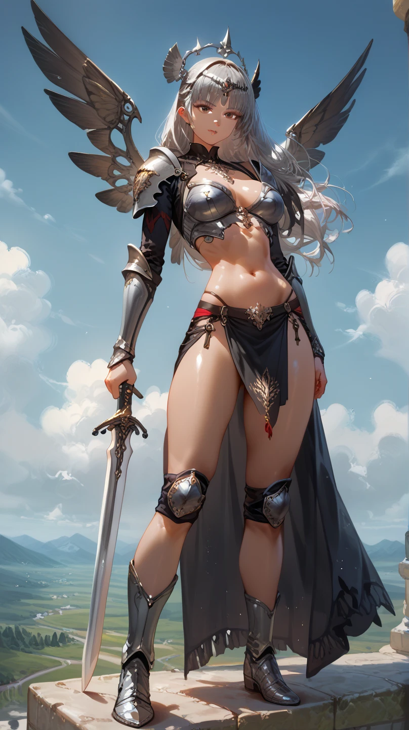 Copper model,Antler cap, Silver weapons, The sword, halter, Weapons of the future, 32K, Linen cloak, Top quality, Masterpiece:Faust,,1 child, short detailed hair, thin fog, (tmasterpiece,k hd,hyper HD,16k),clutching a sword,blood sky, Brunette knife, Shorts smoke, Mist coating, bandagens, sword sheath, Masks, 独奏,Ivory white background