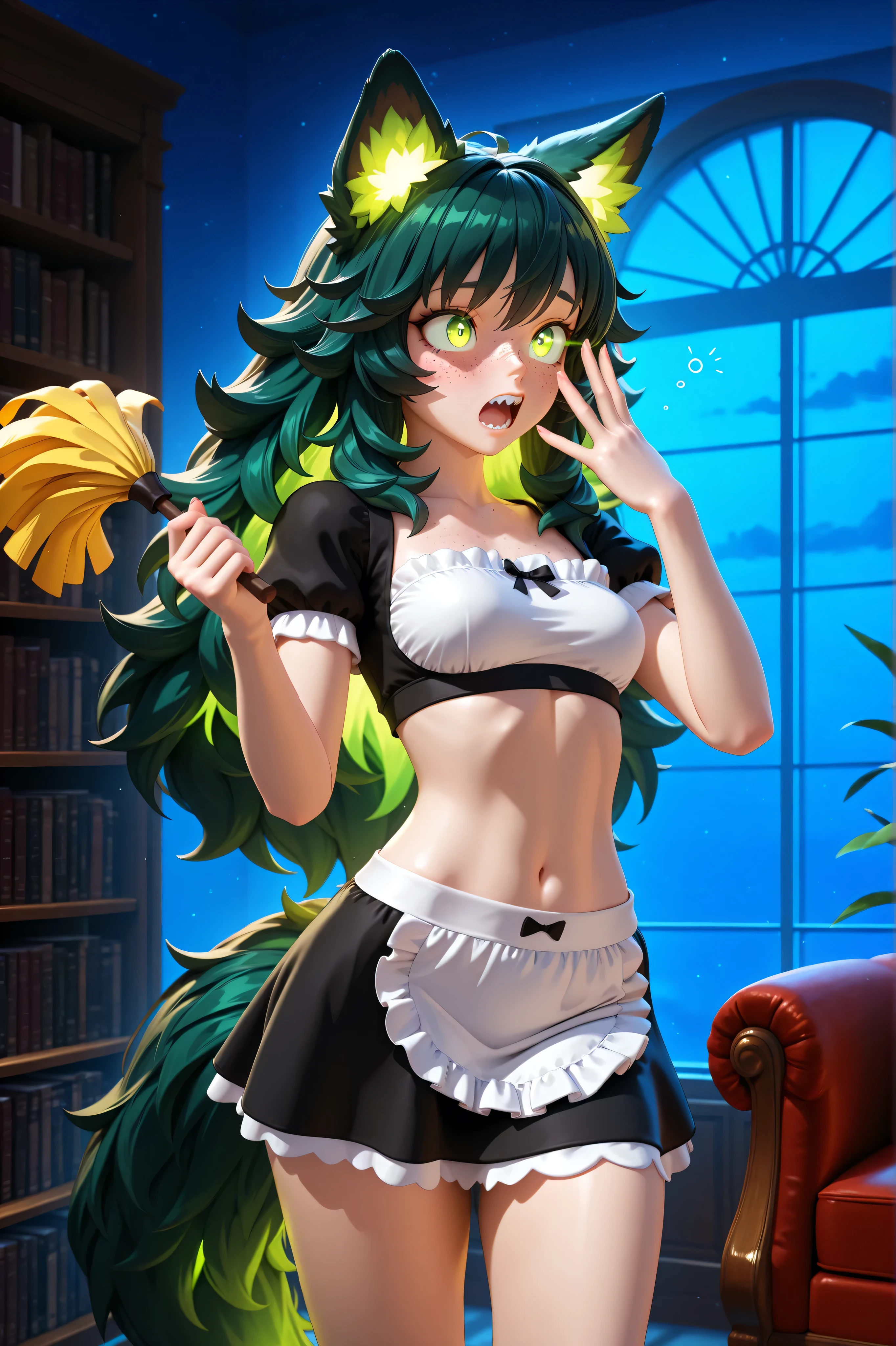 Masterpiece , best quality , amazing quality , absurdres , very aesthetic , lazypos , 3D, (1 woman , 4' tall , slim , medium chest , large hip , dark green long hair , fluffy hair , wolf ears , fluffy ears , fluffy tail) , (wearing a maid outfit showing midriff, short skirt) , (smooth natural moonlight with soft shadows) , night , inside , library , detailed background , (many freckles:1.48) , (flustered) , (glowing eyes , glowing hair tip , green eyes , feral eyes , detailed eyes , detailed face) , (detailed chest), (duster in hand), yawning, (teasy), sharp teeth