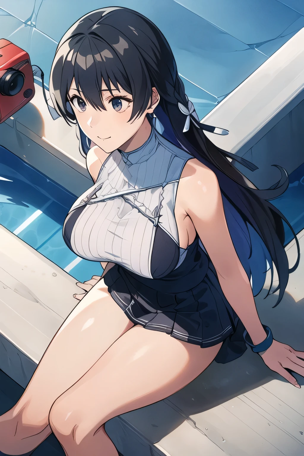 1 girl, detailed blue eyes, longeyelashes, detailed beautiful face, (Long black hair:1.4), (arms behind back:1.6), bound arms, Red rope, blushing, (Big boobs:1.2), (white shirt with black tie, black skirt, black Long socks:1.5), OTN, gag, gagged, shibari, lying under water, close ups, wet clothes