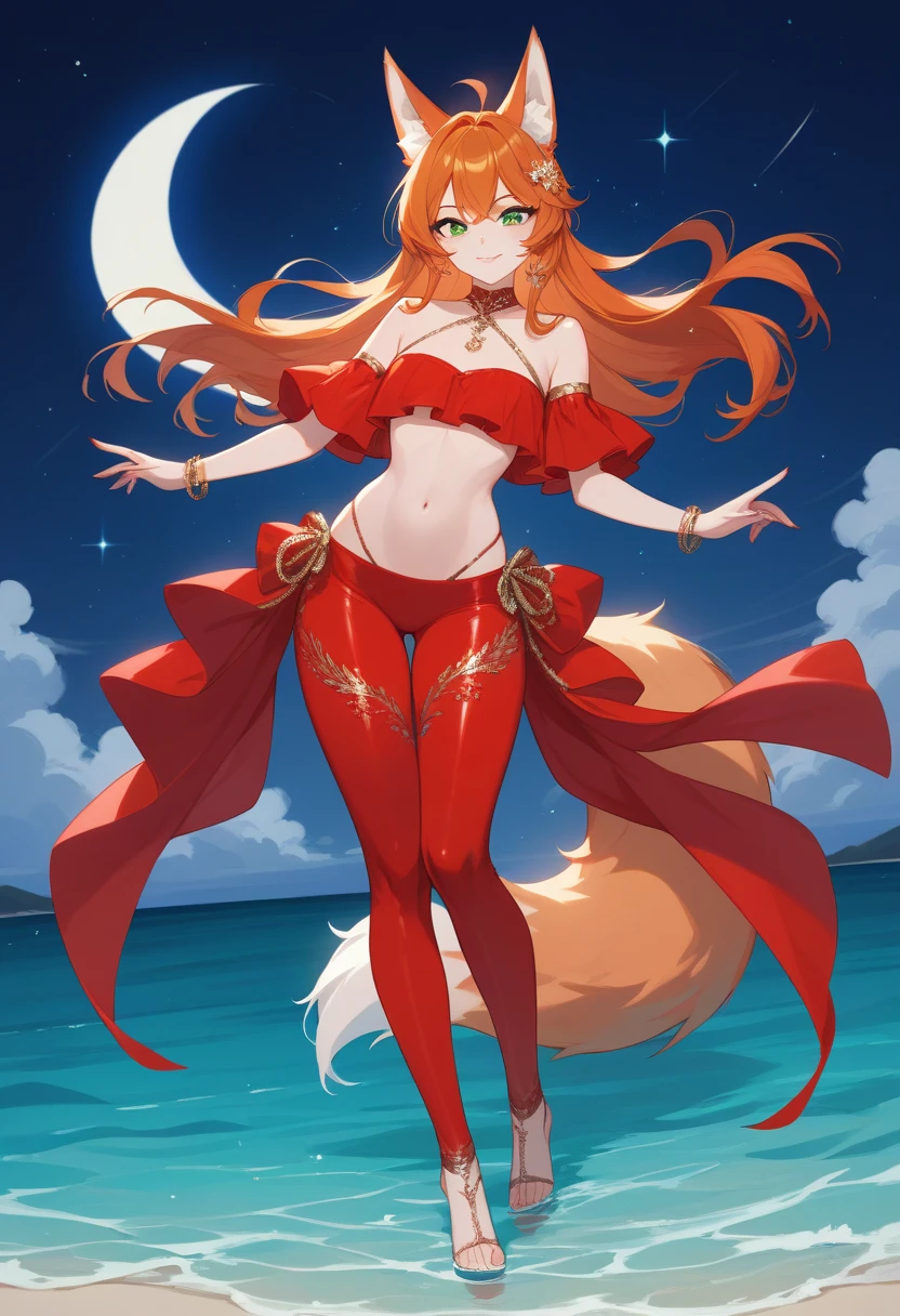 1 girl, long ginger hair, fox ears, only fox ears, crimson eyes, huge breasts, wearing miko dress, tall, long nine fox tails, thicc thighs, lustful smile, horny, absurdes, high res, ultra sharp, 8k, masterpiece, looking at viewer