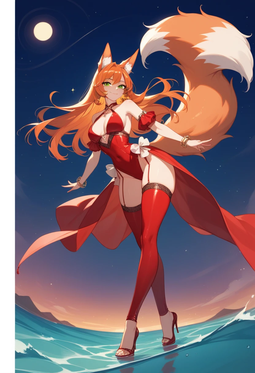A stunning cat girl with an irresistible allure, her beauty enhanced by her vibrant red hair that cascades down her back in soft, gentle waves. Her striking emerald green eyes are framed by long, thick eyelashes, and her porcelain skin seems to glow in the warm light. She stands with her legs slightly bent, her hands resting delicately on her slender hips, accentuating her curvy figure. Her tail, adorned with a fluffy, red fur, swishes gently back and forth, adding to her feline charm. She wears a fitted, crimson dress that hugs her curves, its hemline ending just above her knees, revealing her smooth, pale legs. Around her neck, she has a collar adorned with a small, silver bell, a symbol of her feline nature. The background is a soft, pastel shade of pink, adding to the ethereal atmosphere of the image. Her red hair and green eyes seem to glow against the pale pink backdrop, making her appear even more striking and enchanting.