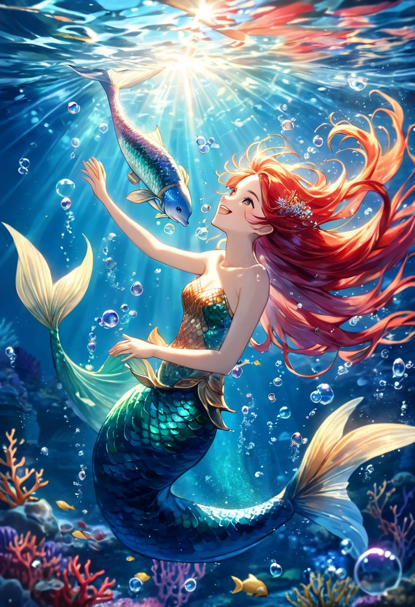 (best quality,4k,8k,highres,masterpiece:1.2),ultra-detailed,(realistic,photorealistic,photo-realistic:1.37),teenage boy magically transformed into beautiful mermaid girl,magical pearl,girl with pink eyes and long black hair,joyful expression,gender bending,fantastical scene,beautiful mermaid tail,bra made of seashell and pearls,playful underwater environment,checking her new fish like body,sparkling water, vibrant colors,shimmering scales,magical aura,serene underwater lighting,splashing waves,blissful smile,transformation process,mesmerized by reflection,breath-taking spectacle,floating strands of hair,reflecting the stunning underwater world,wonderment in her eyes,discovering her newfound beauty,tranquil oceanic backdrop,dancing sunlight rays,bubble-filled surroundings,excitedly examining her mermaid features,delighting in her newfound abilities,flourishing fins,ethereal underwater ambiance,mermaid's enchanting voice,splendid aquatic kingdom,experiencing a magical adventure,embracing her new identity