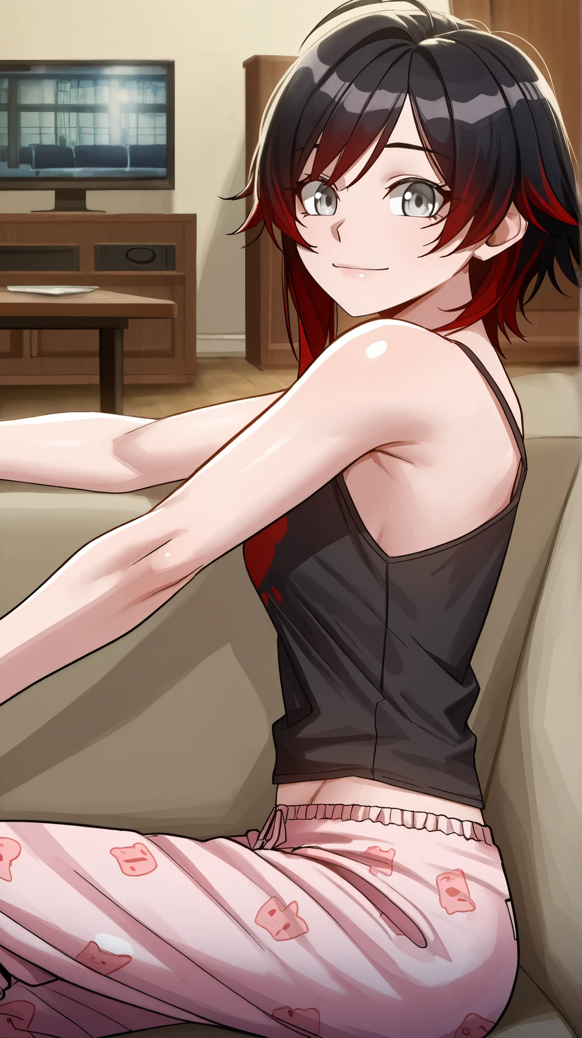 RubyR0se, 1girl, black hair, red hair, two tone hair, gray eyes, Vol1Pajamas, pajamas, black tank top, pink pants, indoors, living room, couch, sitting on couch, table, TV, looking at viewer, sitting sideways, smile, upper body, close-up of face, from side, score_9, score_8_up, score_7_up, source_anime, anime_screencap, masterpiece, best quality, highres, high detail