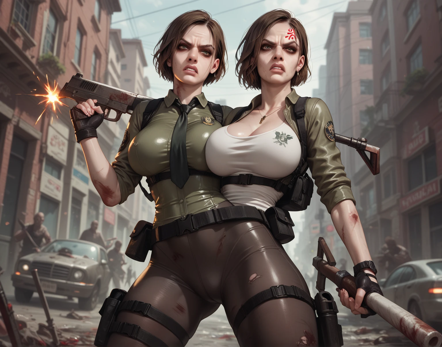 (Resident Evil 4:1.5), (full body photo:1.7), (An elf woman and several zombies in the background:1.5), (she has gigantic breasts:1.9), (She's in the clothes of the Leon from Resident Evil 4+ with black T-shirt+brown leather chorte+extremely tight on the body:1.4), (decomposing zombies behind her:1.7), (she walking in a city at night:1.5), (she has short brown hair:1.3), (she has blue eyes:1.3), (she's doing poses+for the viewer+holding an armada), Hyperrealism, 16k, best quality, high details, UHD