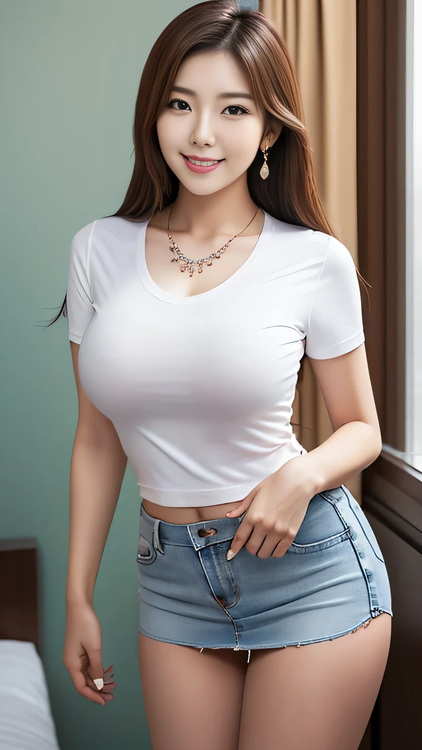 Showing off her big hips wrapped in jeans, buttocks, Lover's room, Apartment manager, ((full body)), ((photo)), ((best qualtiy, 8K, tmasterpiece: 1.3)), Focus: 1.2, perfect figure beautiful woman: 1.4, 1woman, cowboy shot, look at viewer, incredibly absurd, beautiful and cute woman with a photorealistic face, showcasing top-quality craftsmanship, A Japanese woman inspecting the equipment in her room, 31 years old, shoulder-length, medium-long brown hair, wavy and shiny, with bangs, round face, big brown eyes, soft smile, neat eyebrows, small nose, plump lips, white skin, smooth skin, healthy complexion, healthy, glamorous, large butt, 157cm tall, G-cup breasts, white blouse, dark blue jeans, beige vest, small gold earrings, silver watch, pretty older woman, beautiful, married woman, neat, cute voice, calm, kind, Responsible, curious, gentle, May