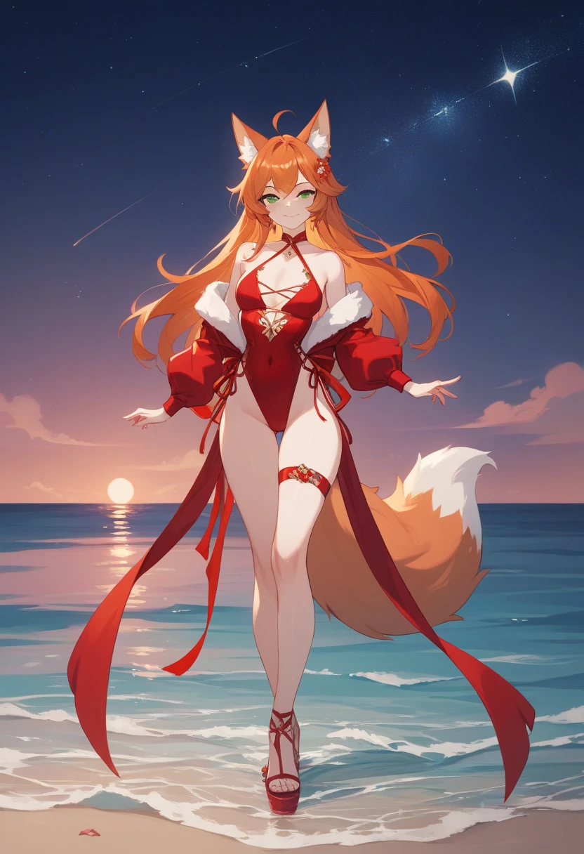 Furry, furry girl, wolf girl, solo girl, full body portrait, full fur, silver fur, full tail, red tail red hair, long hair, straight hair, hair with braid, a brooch in the hair, flower pattern brooch , almond shaped eyes, blue eyes, shy smile, charming look, red cheek, picine outfit, bikini outfit, beach wallpaper, warm atmosphere, night background, starry sky, sky with moon