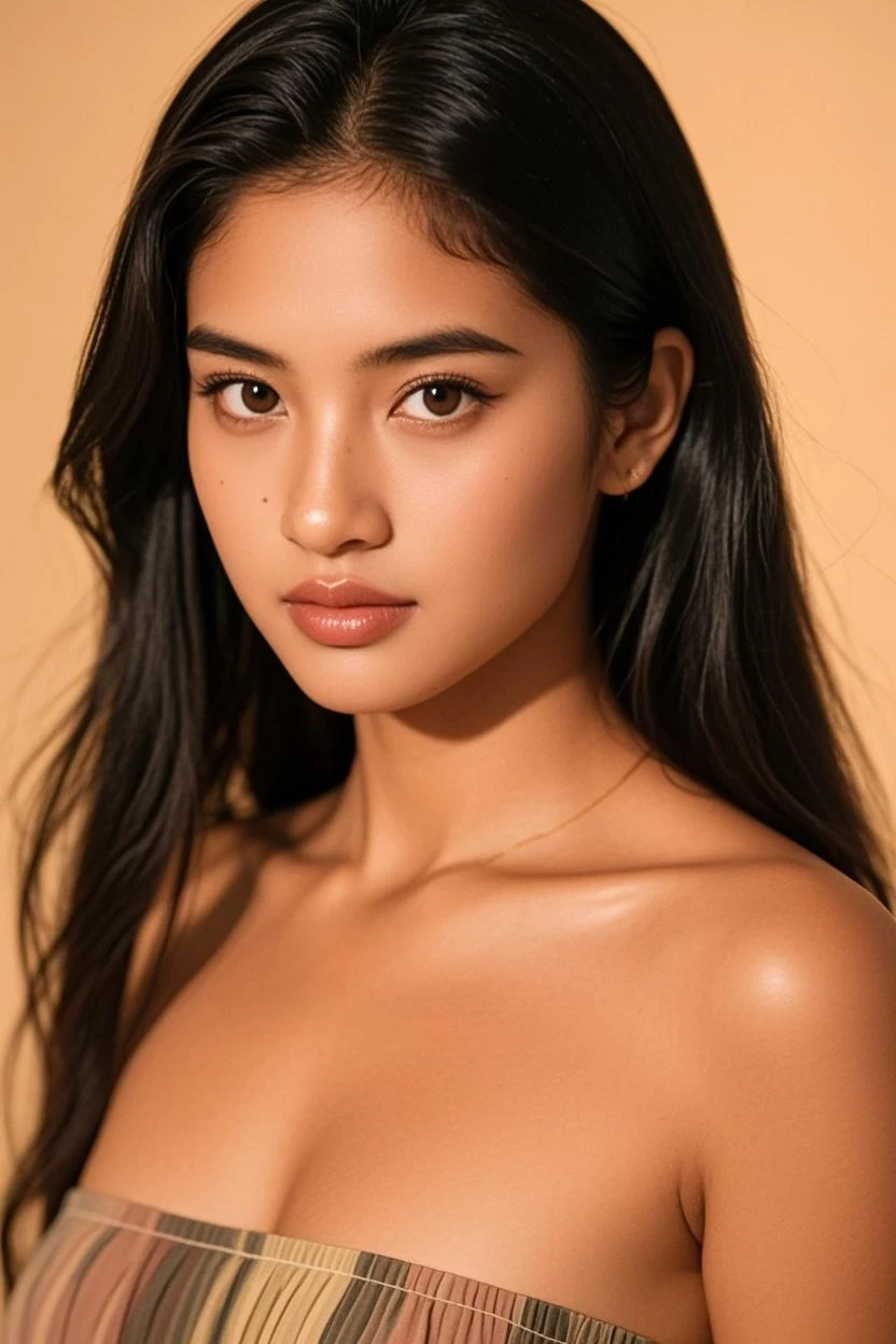 An exquisite portrayal of a full body 25 year old filipina woman, captured in a realistic photograph that reverberates with her unique grace. The photograph encapsulates the essence of an 25-year-old girl, radiating confidence as she is with beautifull brown skin. A striking twist to her appearance is her vibrant black hair, a testament to her individuality and artistic flair. The setting is a serene beach, where the golden sand meets the gentle waves, providing a backdrop that echoes her natural beauty. The image focuses solely on her, allowing her charm to take center stage. Presented in an immensely detailed CG unity 8k wallpaper format, this photograph delivers an unrivaled visual experience that meticulously captures every facet of her existence. A photograph like this is not just an image; it's a testament to the fusion of art and life. Crafted by the gifted Steve McCurry, a maestro of his craft, this professional and majestic portrait encapsulates the subject's essence in a manner synonymous with McCurry's name. Captured with an 8k UHD DSLR, the soft lighting elevates her features while a delicate film grain effect adds an air of timeless authenticity. The Fujifilm XT3 lens, set at f/5.6, ensures sharp focus and high detail, beautifully highlighting the contours and shades that define her unique beauty. The image carries a dramatic undertone, captured from a perspective that invites the viewer to connect with her on a deeper level. Her gaze, directed at the viewer, resonates with a weight of 1.2, forging an engaging and personal connection. The detailed pupils are magnified to 1.3, lending a mesmerizing depth to her expressive eyes. The use of natural light imparts a warm and genuine atmosphere, capturing the true essence of her radiance.