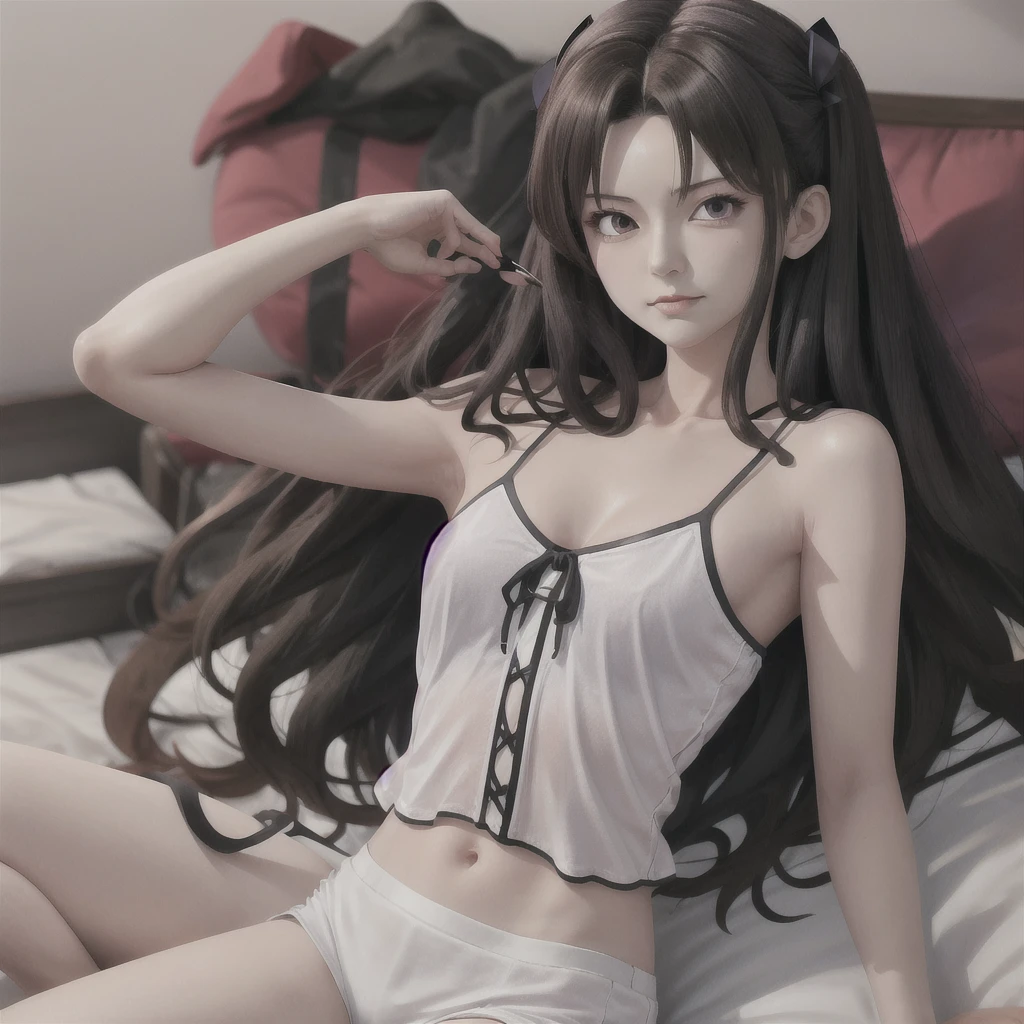 ((masterpiece,Highest quality:1.3,best quality illustration)),(realistic),cowboy shot,独奏,1woman,20 year old beauty,brown hair,long hair,bangs,brown eyes,(gorgeous big eyes),((very small head:1.3)),shy,in heat,((very long body:1.2,skinny)),((tan skin:1.4)),medium breasts,White Bikini、navel,Black leather micro shorts、With leg holster,gleaming skin,slender body,sweat,Love juice、sitting,spread legs,,Simple bed、Simple hotel bedroom、New York City、Resident Evil World、