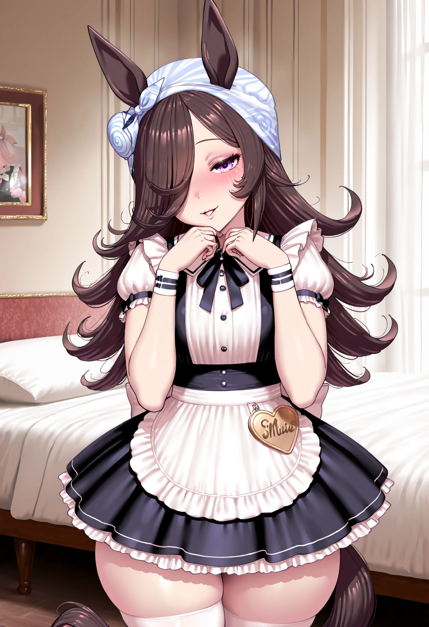 renbocloud, very aesthetic, masterpiece, best quality, newest, highres, high quality, fellatrix, 1girl, solo, rice shower (umamusume), hair over eyes, horse tail, horse ears, nametag, CEO, (maid outfit:1.2), maid cloth, mini swirl skirt, maid bandana, white stockings, wristband, detailed background, bedroom, perfect eyes, seductive eyes, looking at the viewer, from front