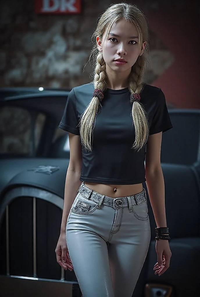 1girl, Blue eyes, (smile), (Sana Minatozaki), wide hips, Big , big ass, (Best Quality, 8k, Masterpiece: 1.3), perfect hands, Clear Focus: 1.2, Perfect Body Beauty: 1.4, Highly detailed face and skin texture, detailed eyes, double eyelids, (blonde long hair :1.2), (black sports shorts :1.3), (white t-shirt), standing, dynamic pose, (in a scary abandoned house at night :1.4), ((dark theme :1.3)), (darkness), fog, mist, dim light,