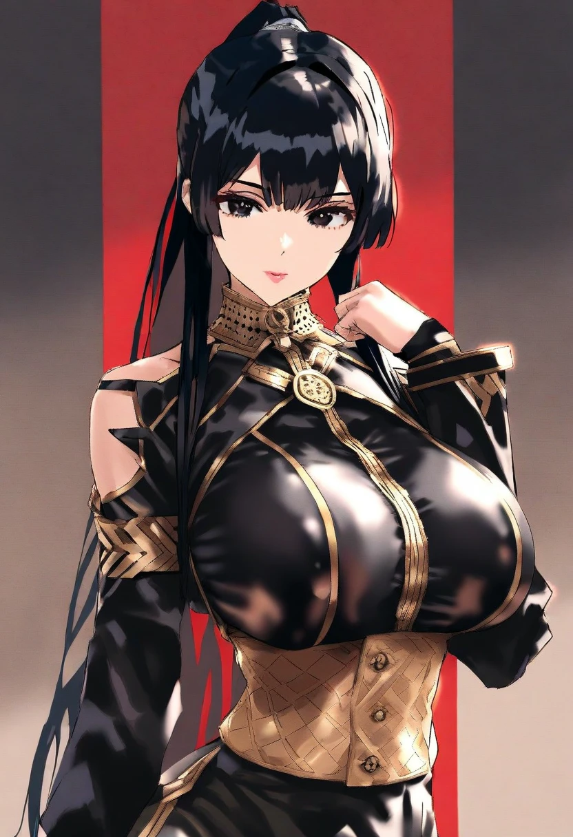 picture of me in front of store wearing a black highleg jumpsuit made of latex that bangs off the shoulder, hair intake, front view, giant busty breasts, annerose, annerose vajra, kagami hirotaka, green eyes, extremely detailed art, professional art, 8k, hd