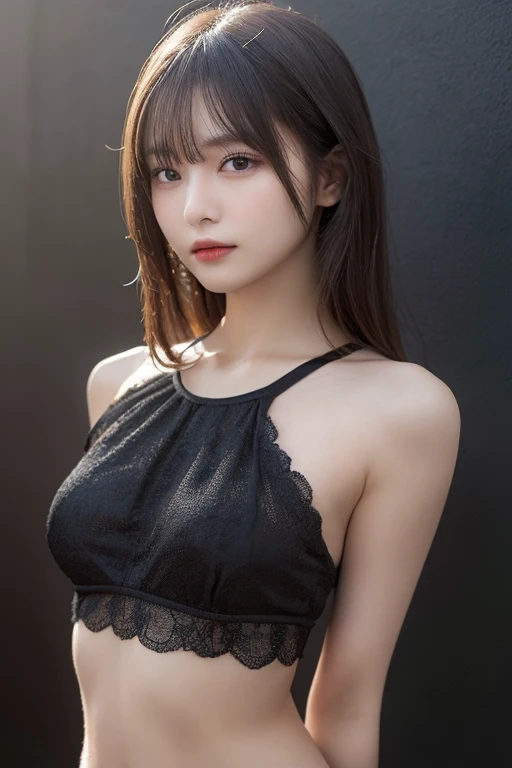 Realistic, realistic, warm tones, noise shift, 1 girl, upper body, straight, (looking at the audience), medium breasts, collarbone, black (front lace-up top), eye shadow, parted lips, (1_pureerosface_v1:0.3), slender waistline, bangs hairstyle, background, catwalk model, slim figure full body photo, leggings underneath, big breasts