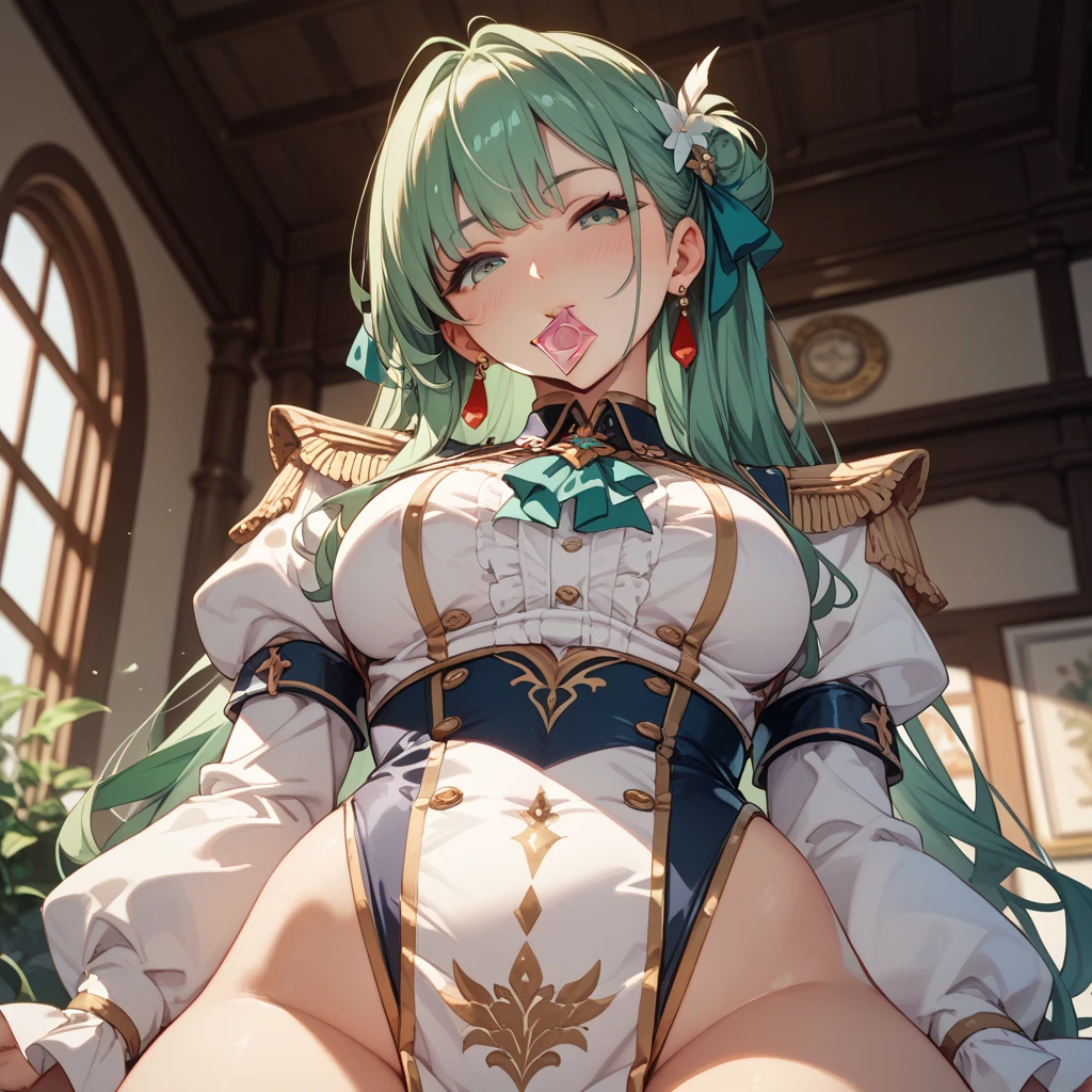 Black Kakalot Female, Green Hair, Look at Viewer, Green Castle, sitting chair, (((turn back))), panty
