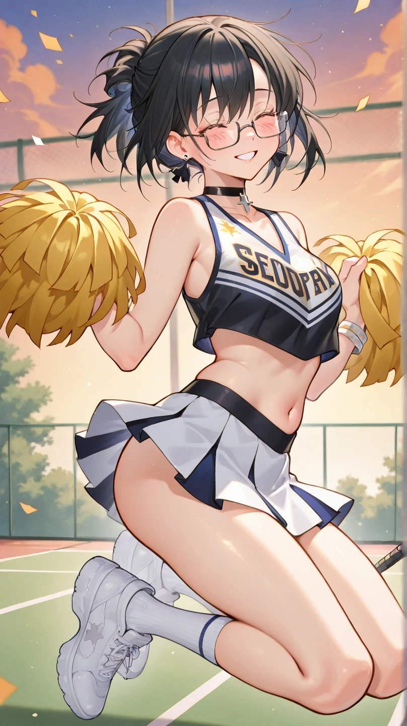 (Muffet:1.3), beautiful,masterpiece, (smir),((gigantic breasts)),smile,best quality, crop top, cheerleader, outdoors,sunny,(1girl:1.3), wide hips, loose top, teen girl, hyper realistic, bending forward, solid top, boob window, Slutty , slutty expression