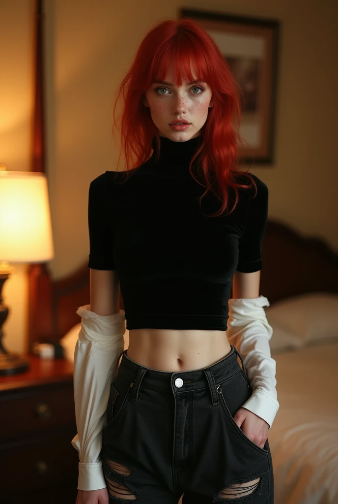 Very beautiful redhead woman, blue eyes, black t-shirt, black short shorts, black boots, ponytail, very beautiful, details, sad, 4k