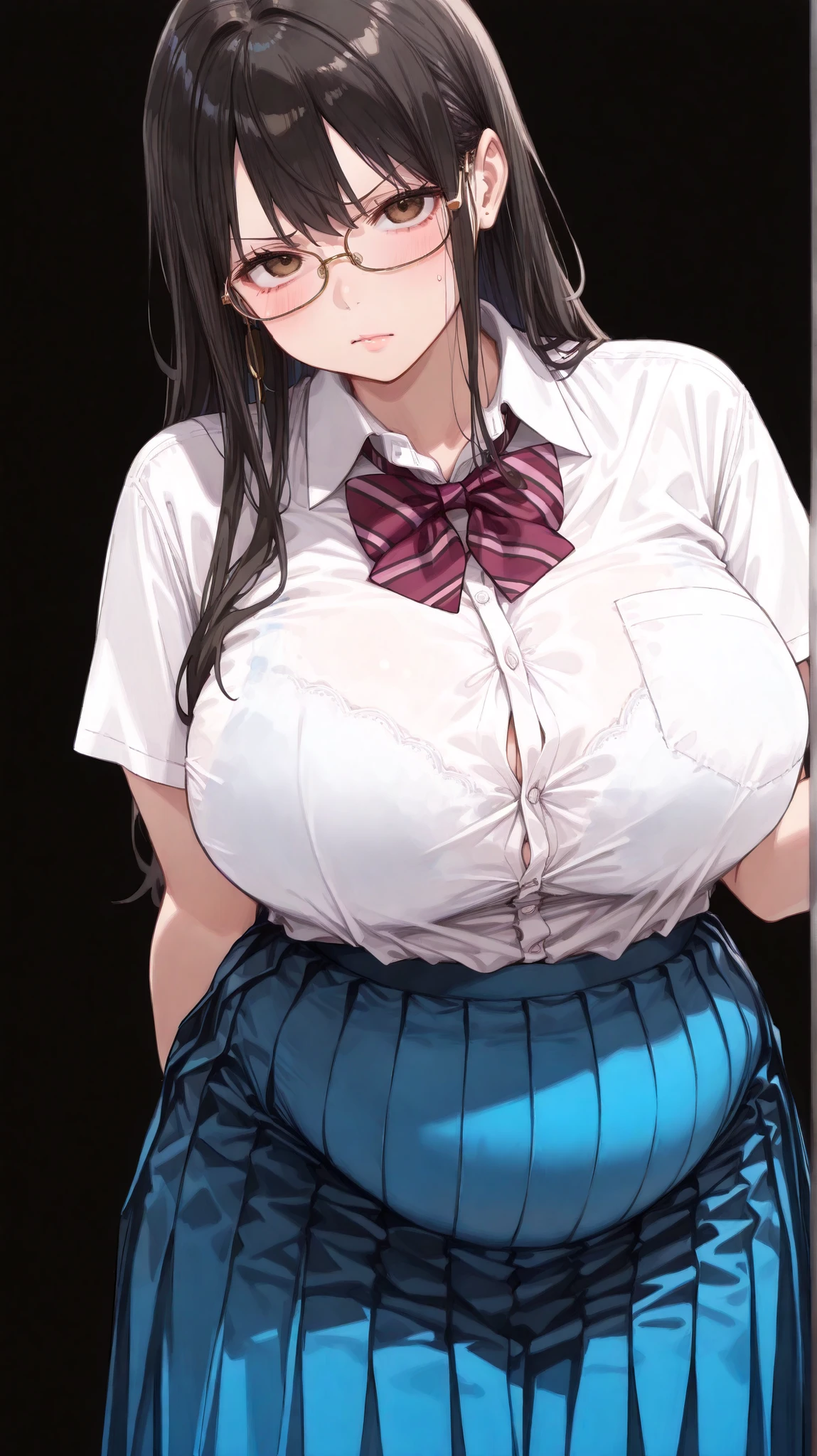 high resolution, extremely detailed CG, unity 8k wallpaper, super detailed skin, perfect anatomy, detailed, cinematic lighting, dynamic lighting, beautiful detailed eyes, one girl, cowboy shot, (black long hair, blunt bangs, black eyes:1.5), (arms behind back:1.2), (smile:1), (beautiful girl, delicate girl:1.3), (milf :1.8), curvy body, extremely fine-grained clarity, (symmetrical eyes:1.3), (white background:2), (school uniform, pleated skirt:1.4), (gigantic breasts:1.2), (Eye and face details:1.0), gleaming skin, looking at viewer,