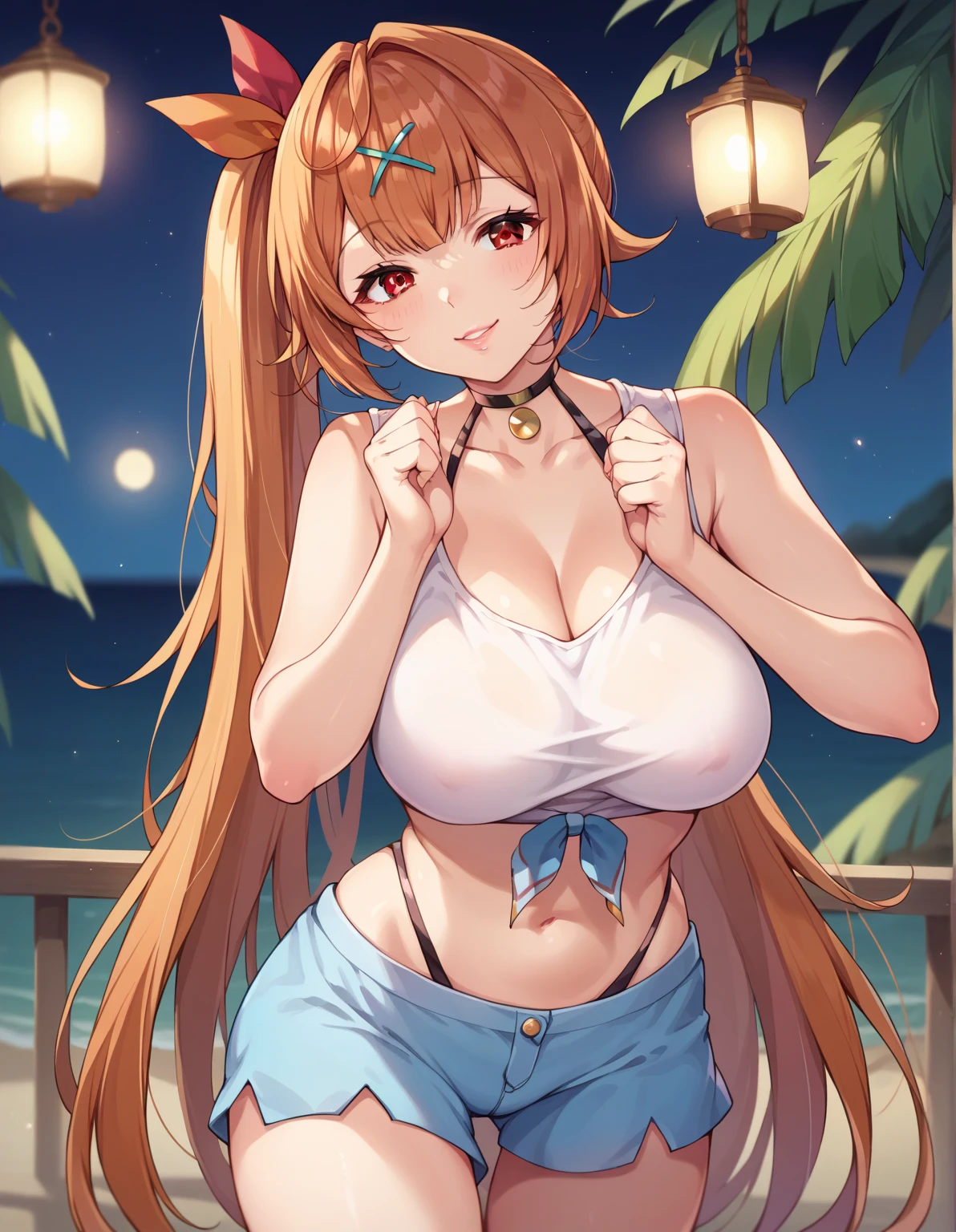 Fox Woman、1girl in、body covered with fur、huge-breasted、kawaii、(((School swim wear)))、summer day、From below、A big smile、bbw,Chibi,