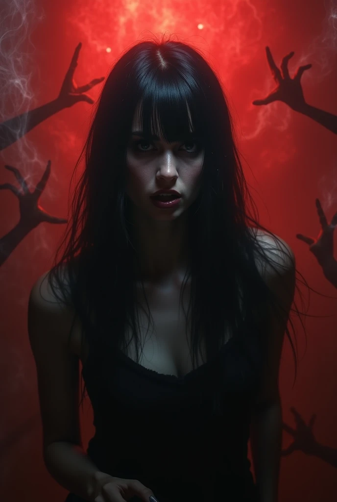 blood red room, Flickering TV screen, 1 girl, long black hair, with disheveled hair, Cover one eye and the face, Bright red eyes, wearing a transparent white robe, Full breasts looming, Half of the body is stuck in the TV screen, spreading his hands，Straighten your body, Red nails are exposed., Pinch the camera, hyper high definition, anatomically correct, textured skin, Super detail, High details, high quality, A high resolution, 8k, hyper high definition, anatomically correct, textured skin, Super detail, High details, high quality, Best Quality, 8k,Leishnampo,Room 2,horror